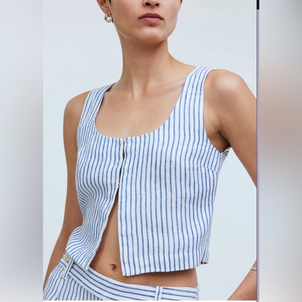 Madewell Scoopneck Crop Tank in 100% Linen White with Blue Stripes Size 8 NWT